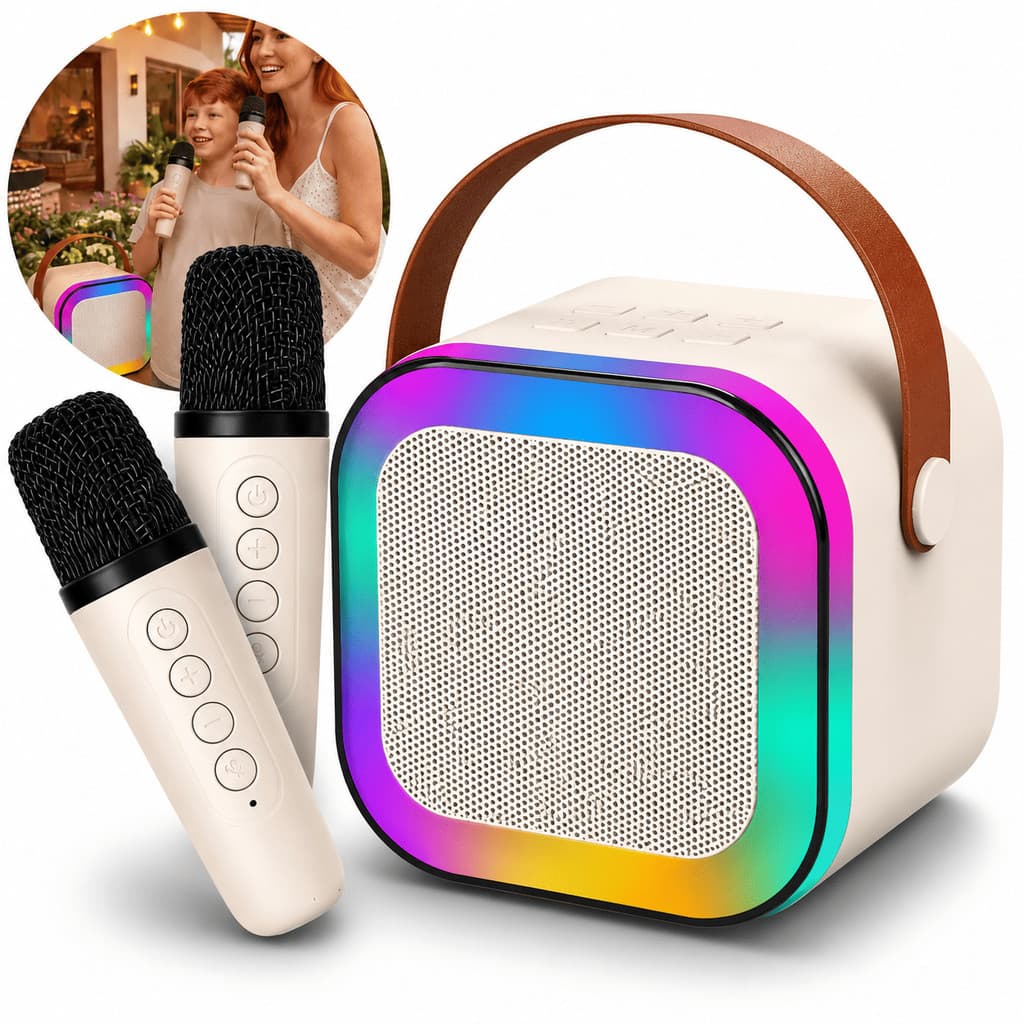 Caixa De Som Karaoke Com 2 Microfones Sem Fio Bluetooth Portatil Recarregavel Efeito De Voz Led