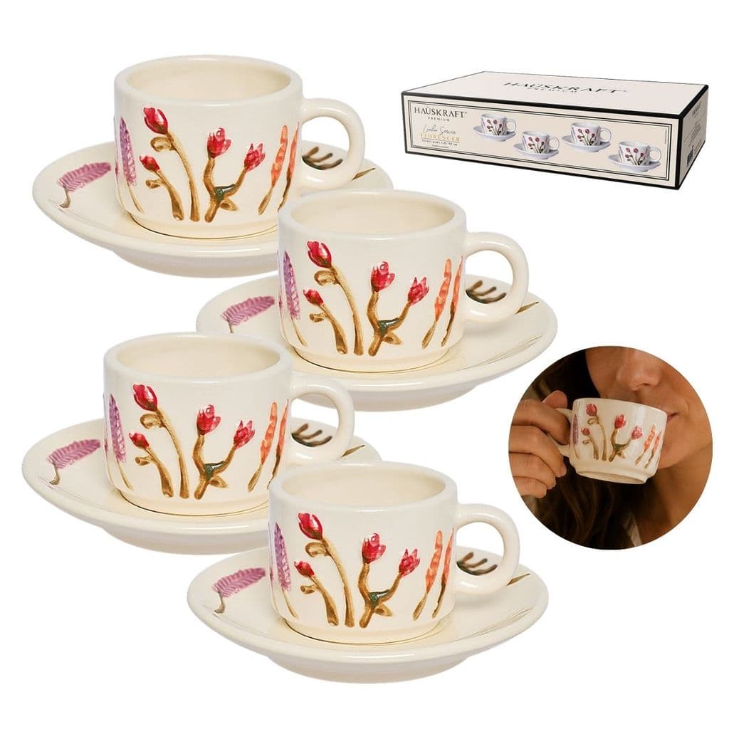 Conjunto de Xícaras para Café Florecer 90ml com Pires Decorado em Cerâmica 4 Peças