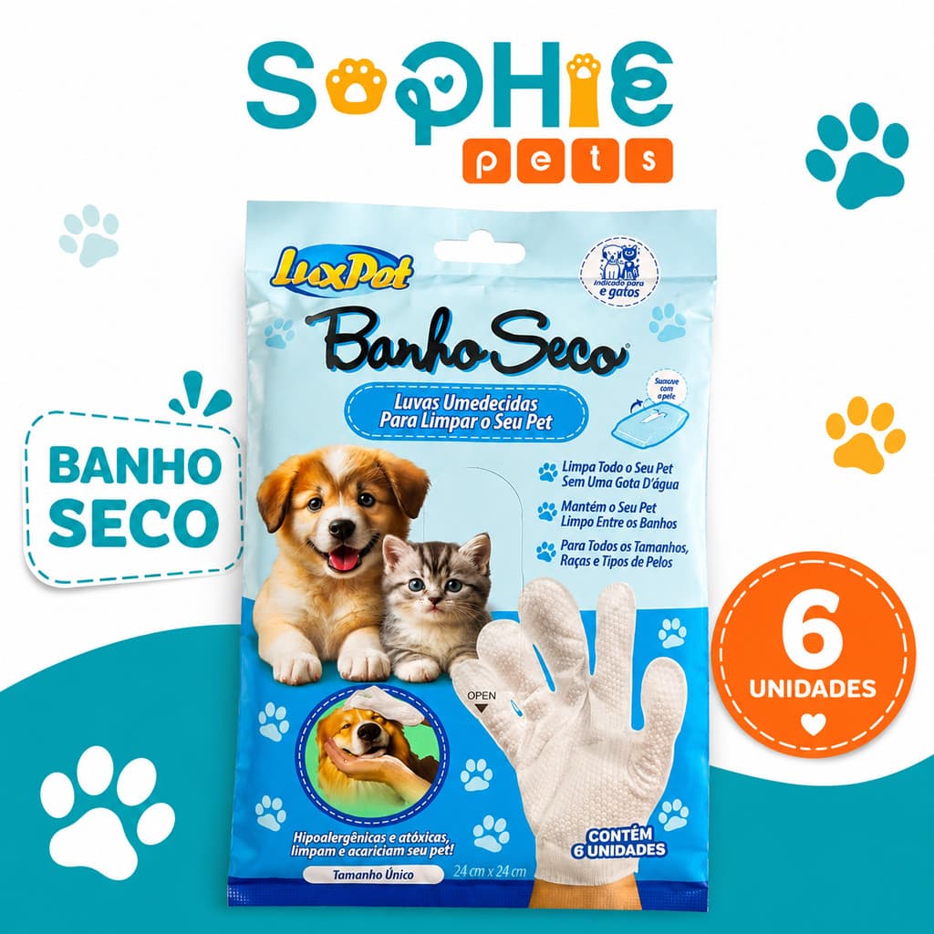 Luva Descartável Umedecida Banho a Seco Higienização Para Gato Cachorro  Pet