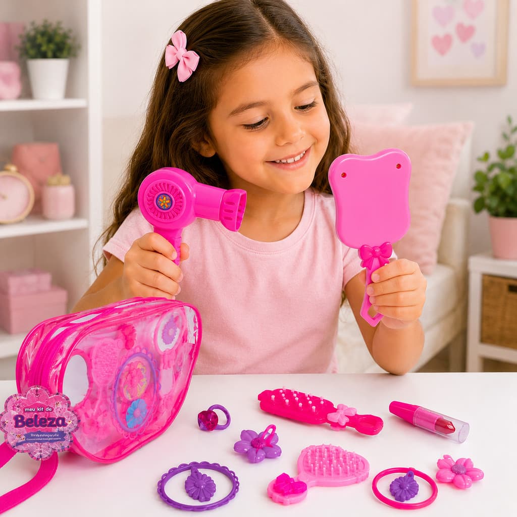 Kit Beleza Criança Infantil Brinquedo Faz de Conta Completo com Bolsinha