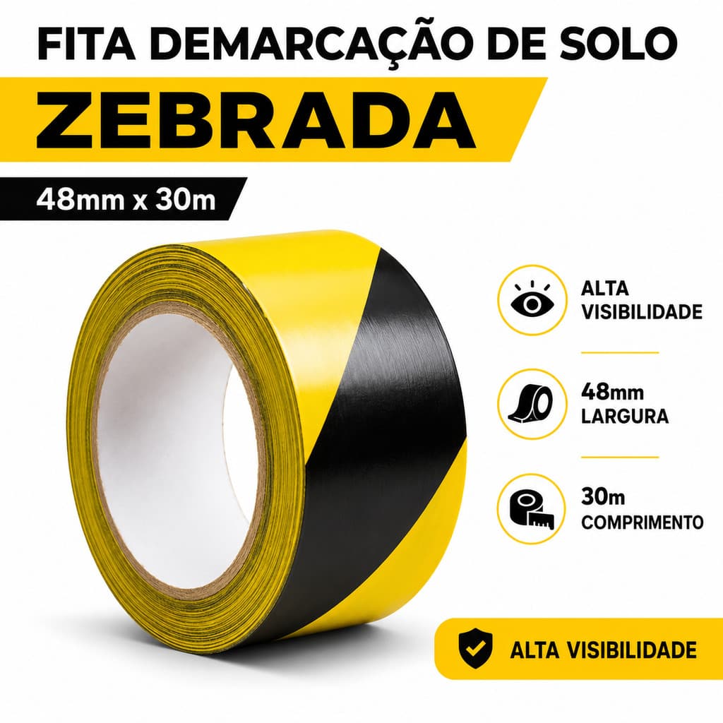 Fita Demarcação De Solo Zebrada Adesiva 48mm x 30m Amarela Preta Sinalização Segurança
