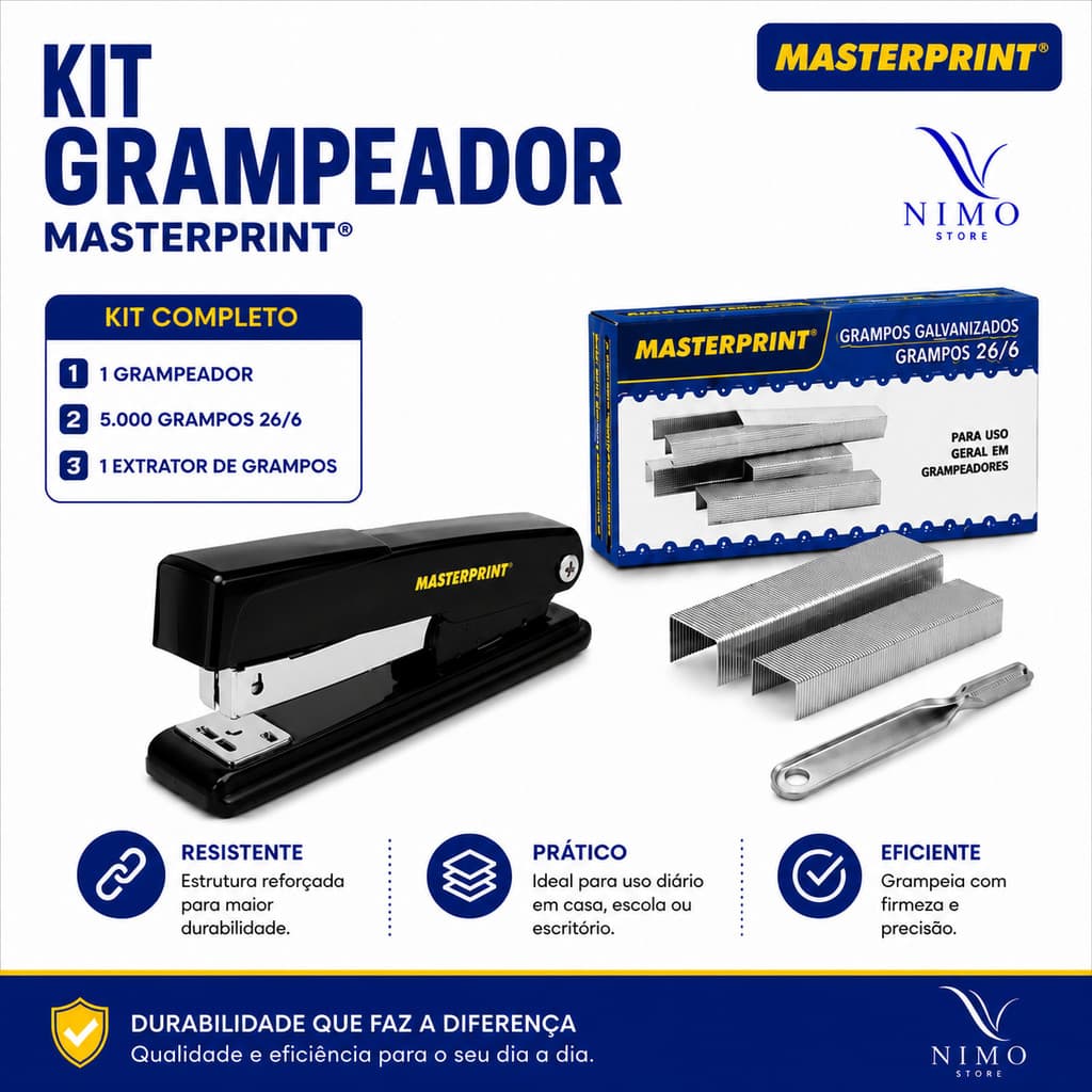 Kit Grampeador Metálico + Grampos Galvanizados + Extrator Espátula Masterprint