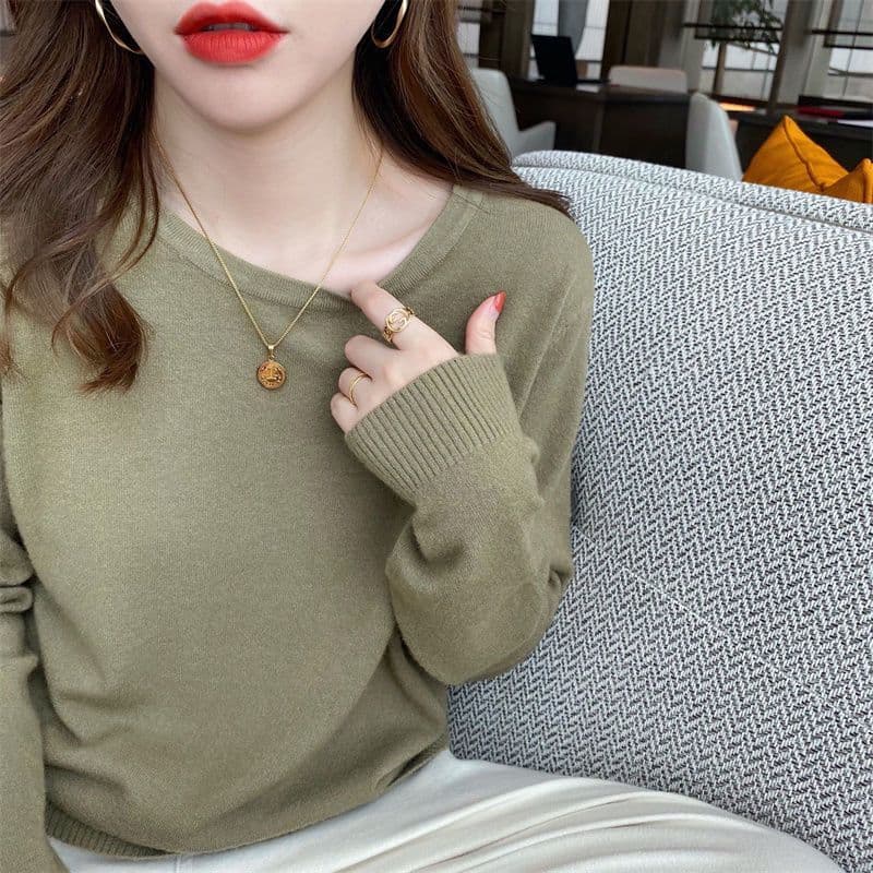 Cor sólida All-Match camisa de fundo feminina outono inverno novo estilo exterior usar em torno do pescoço camisola moda