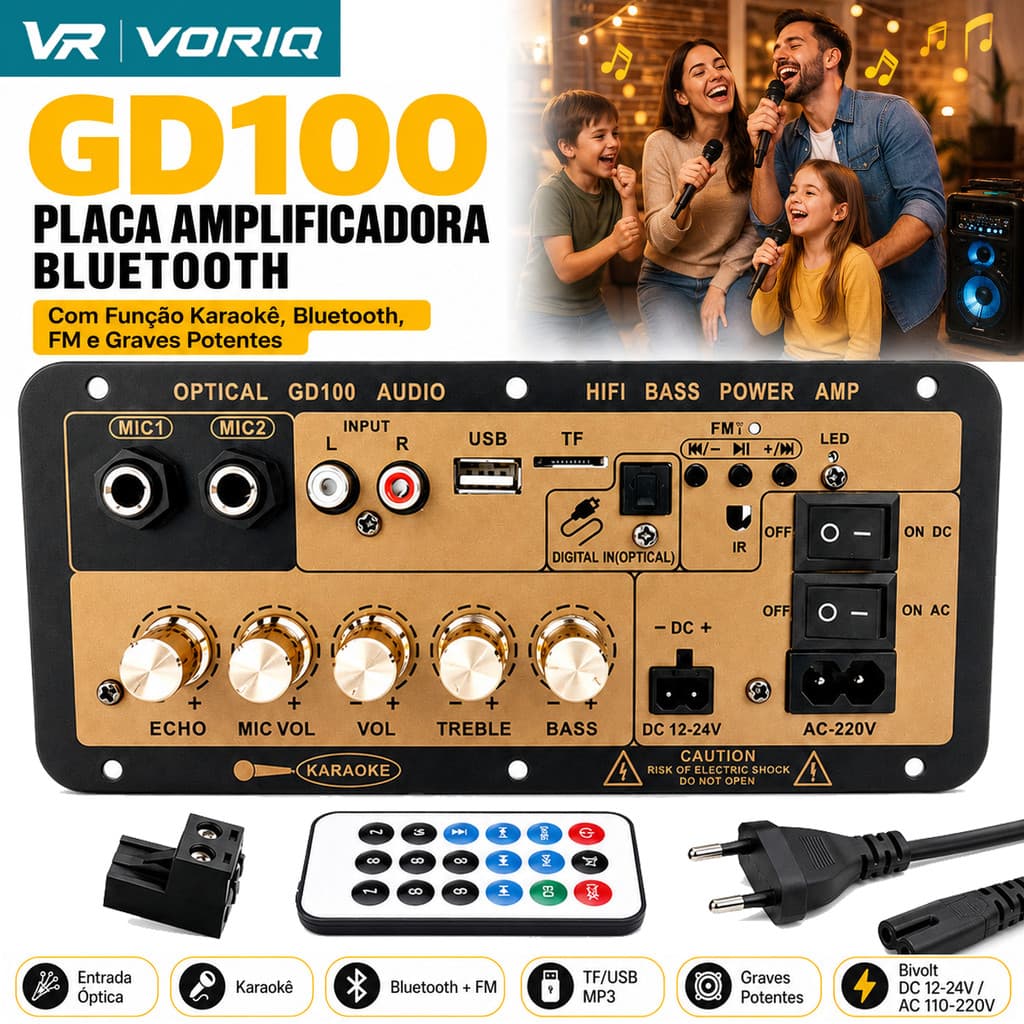 Placa Amplificadora Bluetooth GD100 DC 12V-24V / AC 110V-220V Com Entrada De Áudio Óptica Hifi K Subwoofer Placa Karaokê