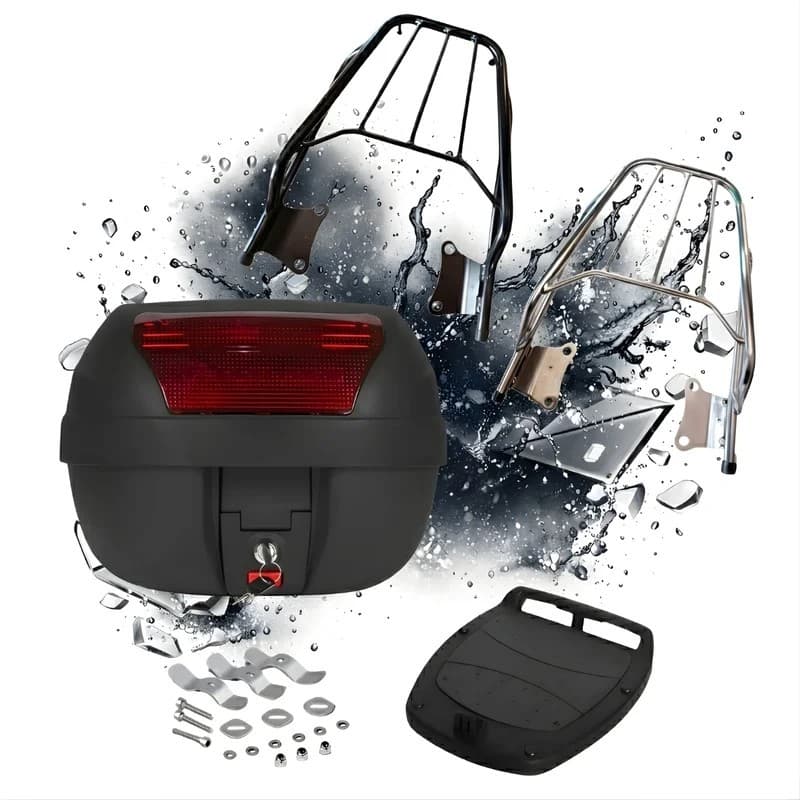Bagageiro Factor 125 + Baú Bauleto 28 litros 2009 2010 2011 2012 2013 2014 2015 Pro Tork Original Cromado e Preto