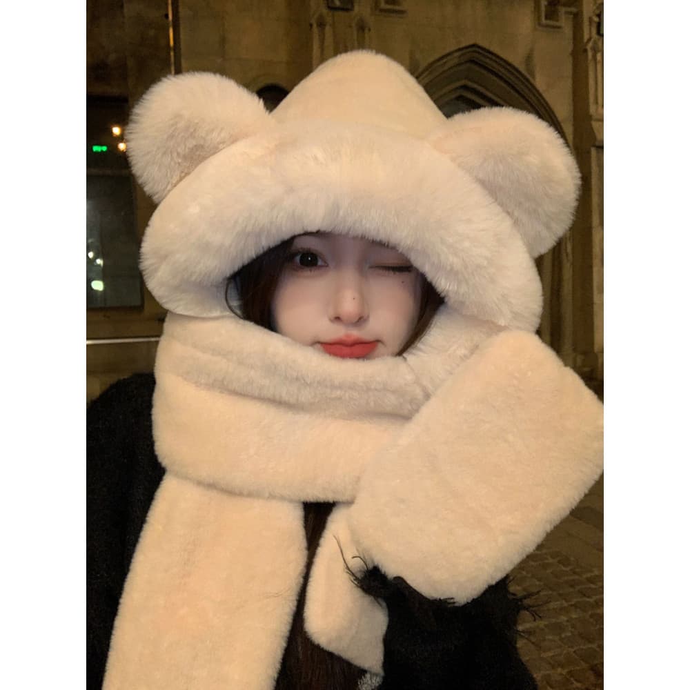 Bonito urso chapéu de pelúcia cachecol luvas de uma peça com capuz babador feminino inverno ciclismo quente terno de trê