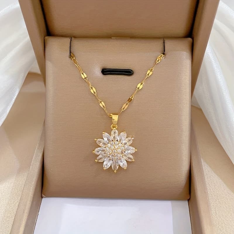 Colar com pingente de flor de zircônia em aço inoxidável, adequado para meninas, nova tendência de joias FSVW.