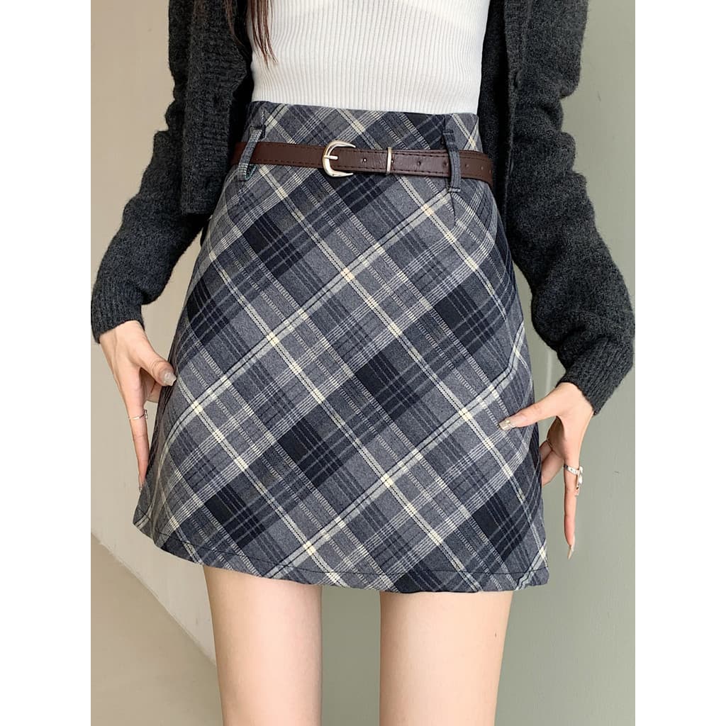 Tamanho grande saia xadrez feminina primavera pequena lã a linha saia curta gordura mm cintura alta mais magro olhar Hip