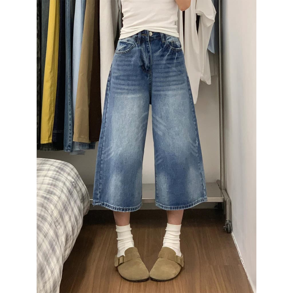 Retro perna larga Denim calças cortadas mulheres verão novo estilo Plus Size gordura mm solto mais magro olhar forma de