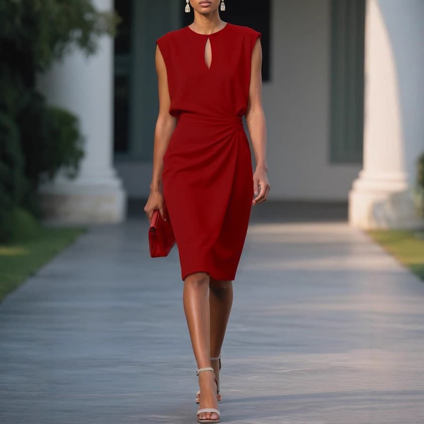 Vestido Feminino Elegante Cintura Alta Laço - Gola Redonda Decote Vazado Longo - Tecido Puro Para Festas