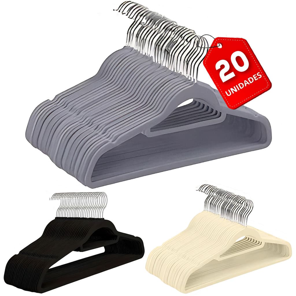 20Un Cabide Veludo Fino Antideslizante 42cm Gancho 360º Para Roupas Gravateiro Loja Hotel Quarto