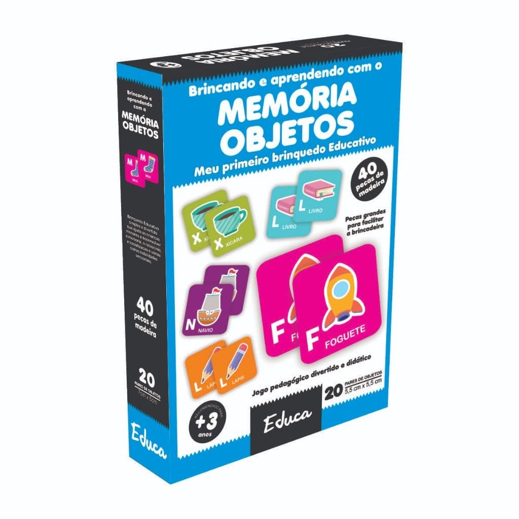 Jogo da Memória Objetos 40 Peças Madeira Brinquedo Educativo Pedagógico Alfabetização Educadidática