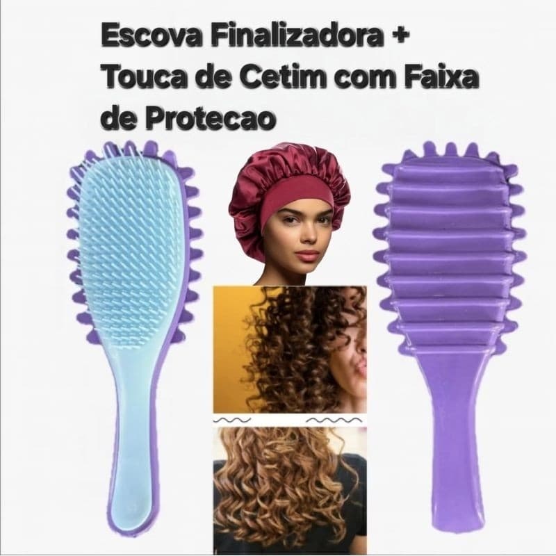 Combo Profissional: Escova Onda Finalizadora + Touca de Cetim com Faixa Definição  para Seus Cachos Cores Sortidas