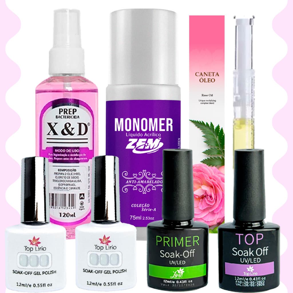 Kit Manicure Prep120ml +Prime Coat+Top Coat+2 Esmalte Renda +Monomer 75ml+Caneta Hidratante Profissional