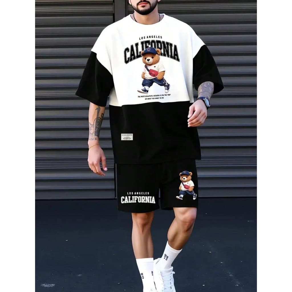 Kit Camiseta Preta e Branca + Bermuda de Moletom Estilo Tumblr "Ursinho Los Angeles" - LANÇAMENTO ESPECIAL