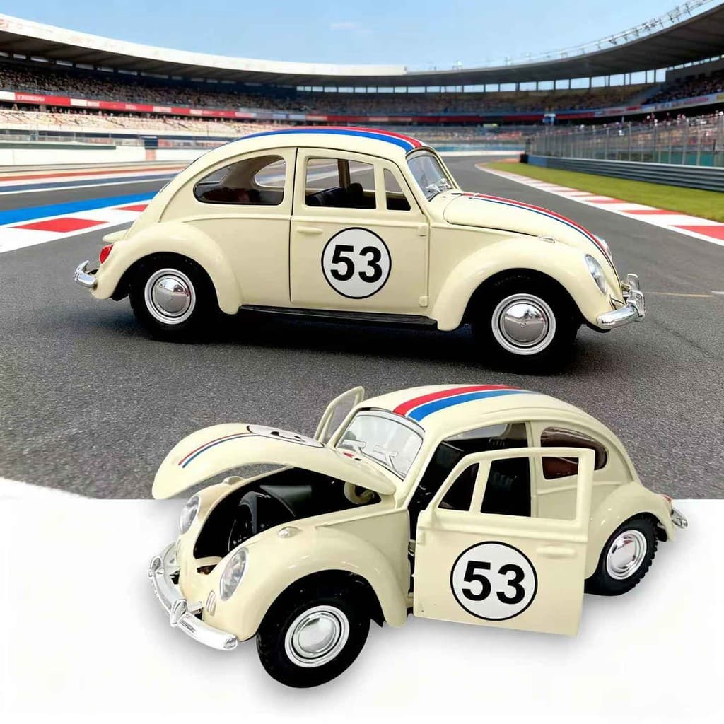 Fusca Herbie 53 em Miniatura - Portas e Capô Articulados, Movimento a Fricção para Coleção