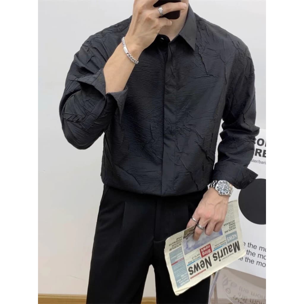 Camisa masculina de manga comprida estilo maduro leve, camisa de primavera plissada Casual estilo japonês com gola ponti
