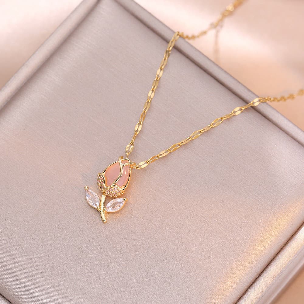 Colar de Aço Titânio Tulipa de Folha de Aço Tulipa de Luxo Lindo e Lindo Colar de Diamante Completo Cadeia de Clavícula