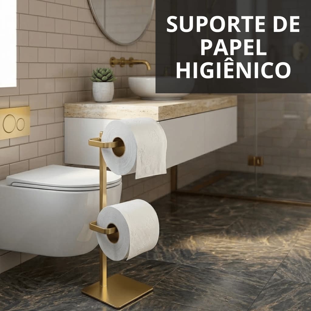 Suporte Elegante Chão Papel Higiênico Banheiro Moderno Decorativo Dourado Acabamento Luxo