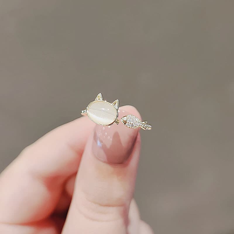 Anel feminino de gatinho e peixe, muito vendido, com pedra de olho de gato sintético, estilo japonês, simples, ajustável