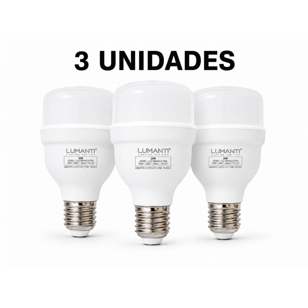 Kit 3 Lâmpadas Super Led Mini 20w E27 Bivolt 6500K Alta Potencia 1600 Lumens Lumanti