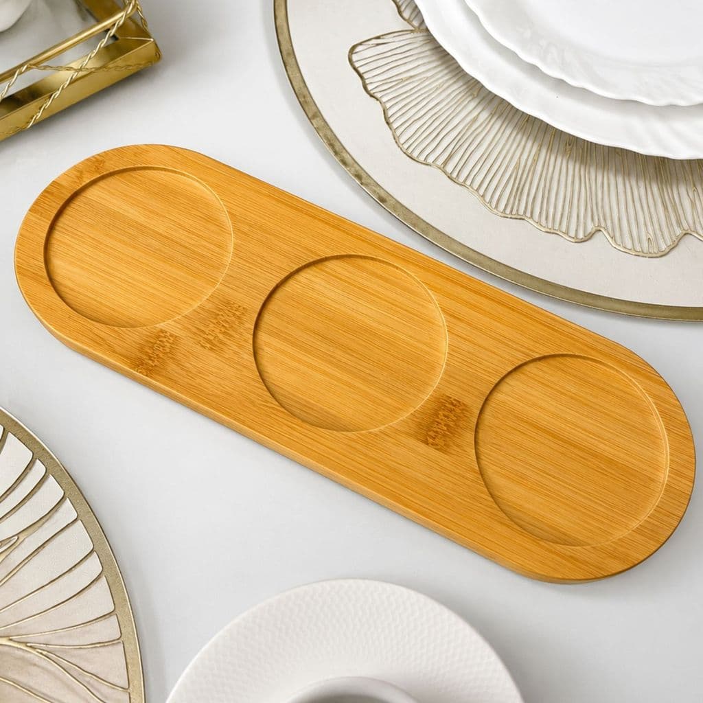 Bandeja Organizadora em Bambu para Açucareiro, Condimentos e Porta Temperos Com 3 Nichos