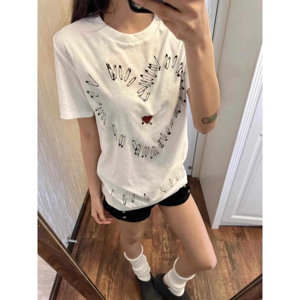 Branco Casual coração impresso ombro de manga curta camiseta feminina verão fino pequeno solto mais magro olhar camiseta