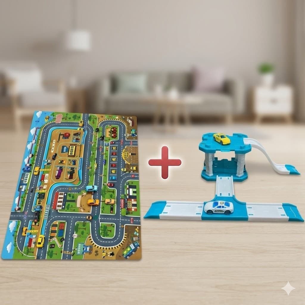 Kit Pista de Corrida Infantil + Tapete Cidade e Carrinhos
