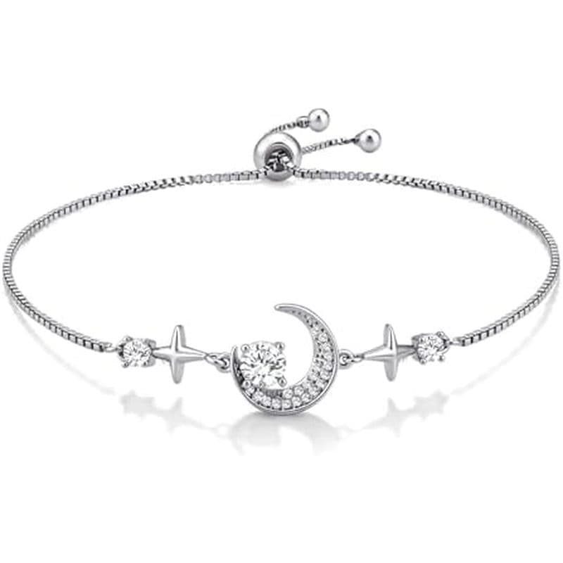 Pulseira De Prata Lua E Estrela Para Mulheres , Zircônia Cúbica , Elo Ajustável , Presente Celestial Ela