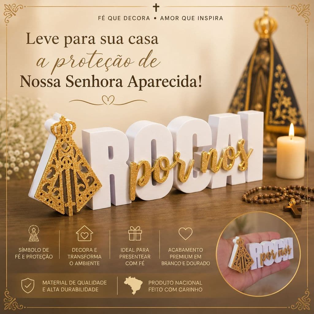 Letreiro Decorativo Nossa Senhora Aparecida Rogai por Nós |3D| Fé Católico Decoração Religioso