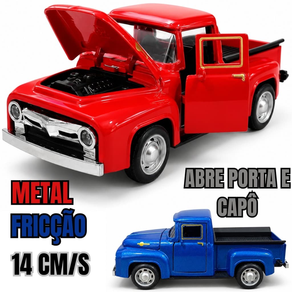 Picape Retrô de Metal 14cm com Fricção, Porta e Capô que Abrem