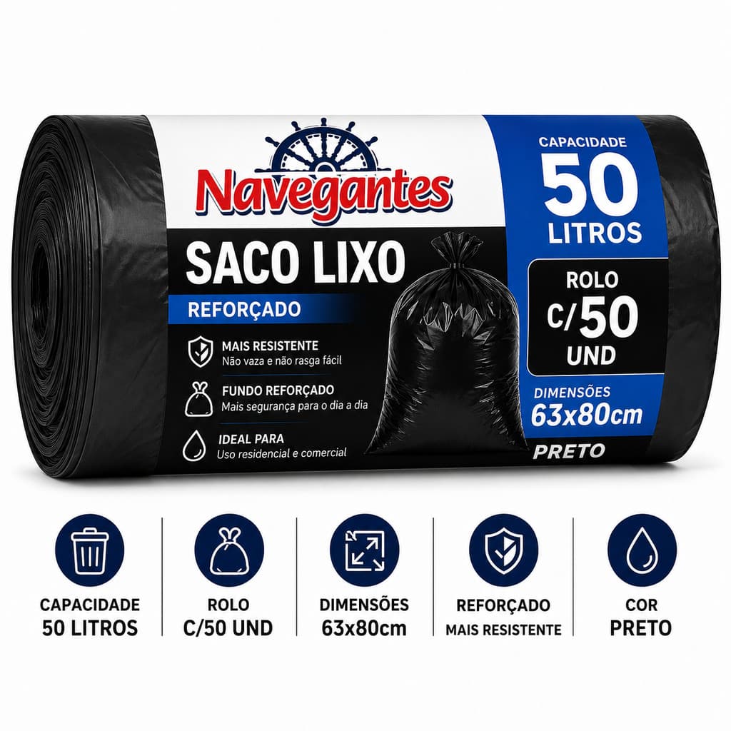 Saco Lixo 50 litros Rolo C/50 Und Preto Reforçado Navegantes 63x80cm