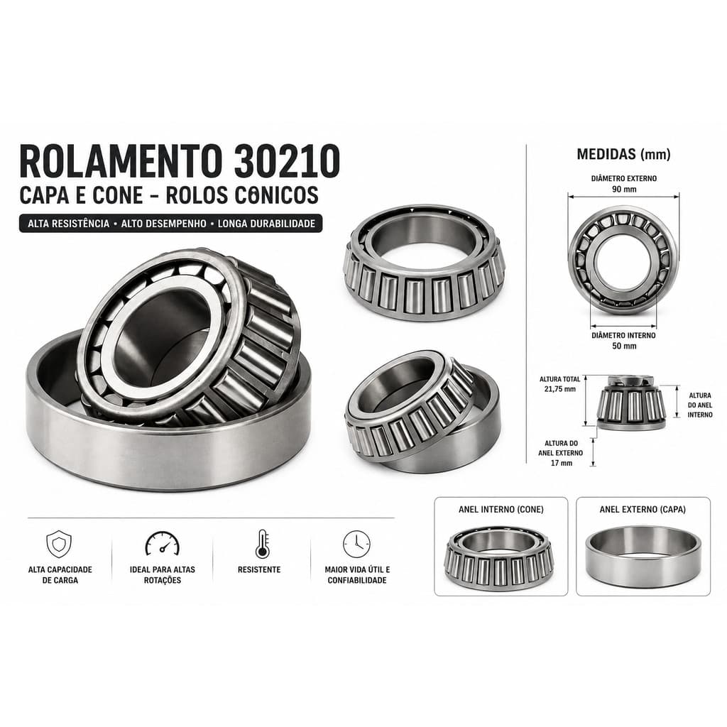 Rolamento De Rolos Cônicos 30210 Para Betoneira Agro Máquinas Industrial Capa e Cone