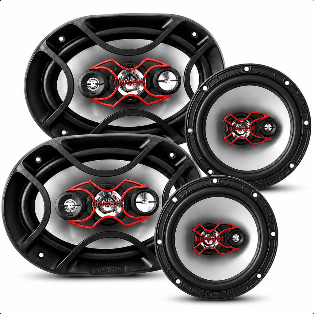 Kit Fácil Bravox Alto Falante 6x9 e 6 Pol Som Automotivo Para Carro Linha X Quadri Triaxial 240W RMS