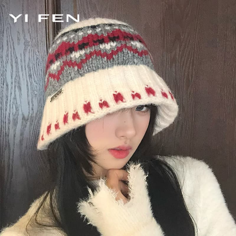 YI FEN Retro Jacquard malha chapéu de lã feminino outono inverno Phil ilha estilo High-End ao ar livre quente balde chap