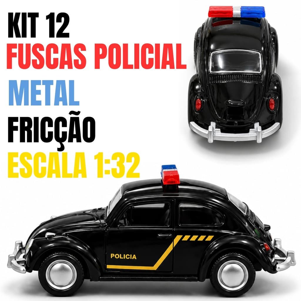 Kit 12 Fuscas Polícia 12cm Metal Fricção Carrinhos Colecionáveis
