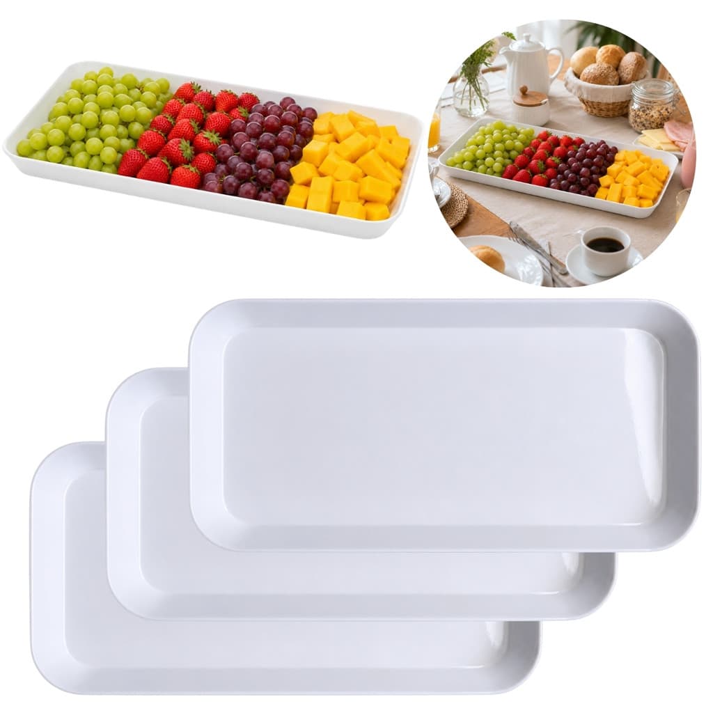 3 Bandejas Travessa Prato Retangular em Melamina 31cm Branco