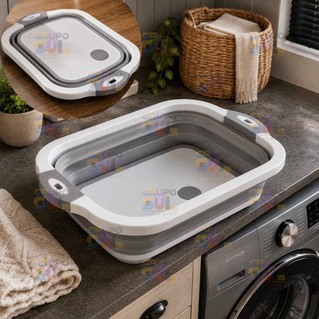 Bacia RETRATIL 2 em 1 Plastica Dobravel Escorredor VIRA TABUA Cozinha Pia Camping