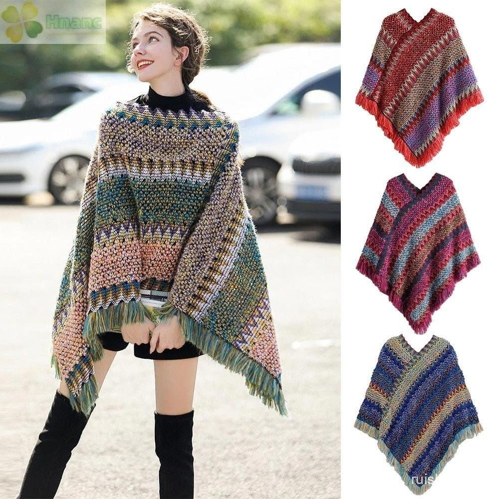HNANC Poncho Mongol , Pulôver Estilo Étnico Quente De Inverno Xale Com Borla , Envoltórios De Tricô Listrados De Poliést