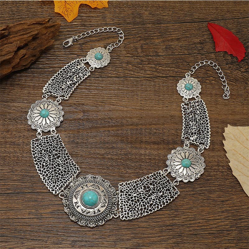 Prata Étnica Tibetana Cor Flor Grande Gargantilha Femme Vintage Turquesa Geométrica Colar Oco Feminino Jóias Moda Femini