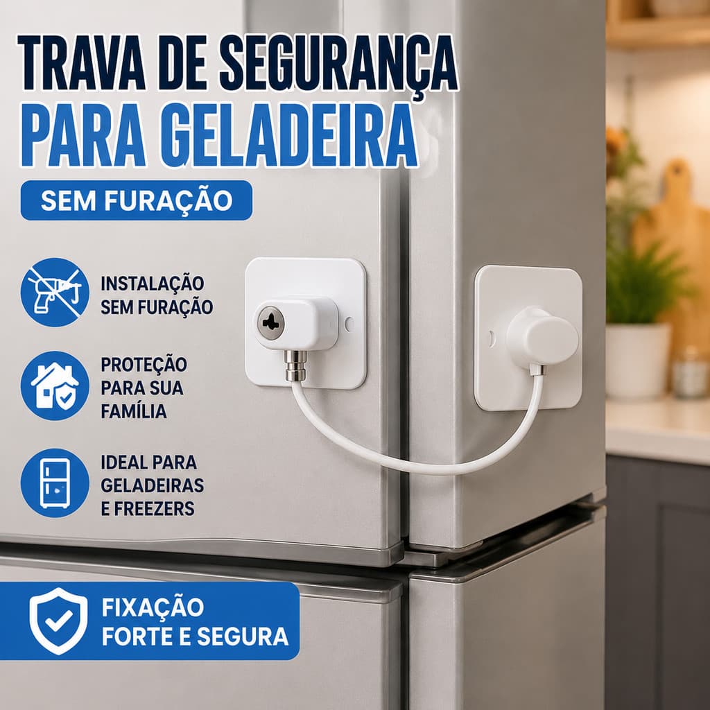 Trava com Chave para Geladeira Freezer Porta Janela Gaveta Armário Adesiva Sem Furar com Cabo de Aço Reforçado