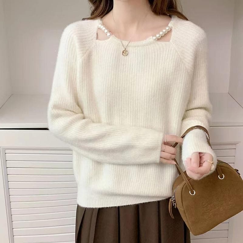 Coreano pérola Halterneck camisola feminina novo estilo estilo suave manga comprida pulôver cor sólida malha All-Match c