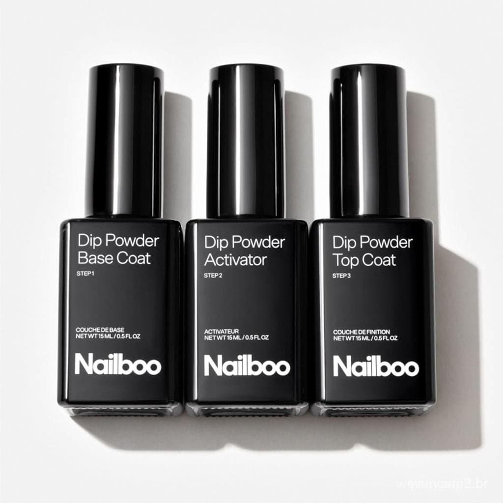 O conjunto de pó e líquido para unhas Nailboo inclui top coat, base coat e ativador, permitindo que você faça nail art e