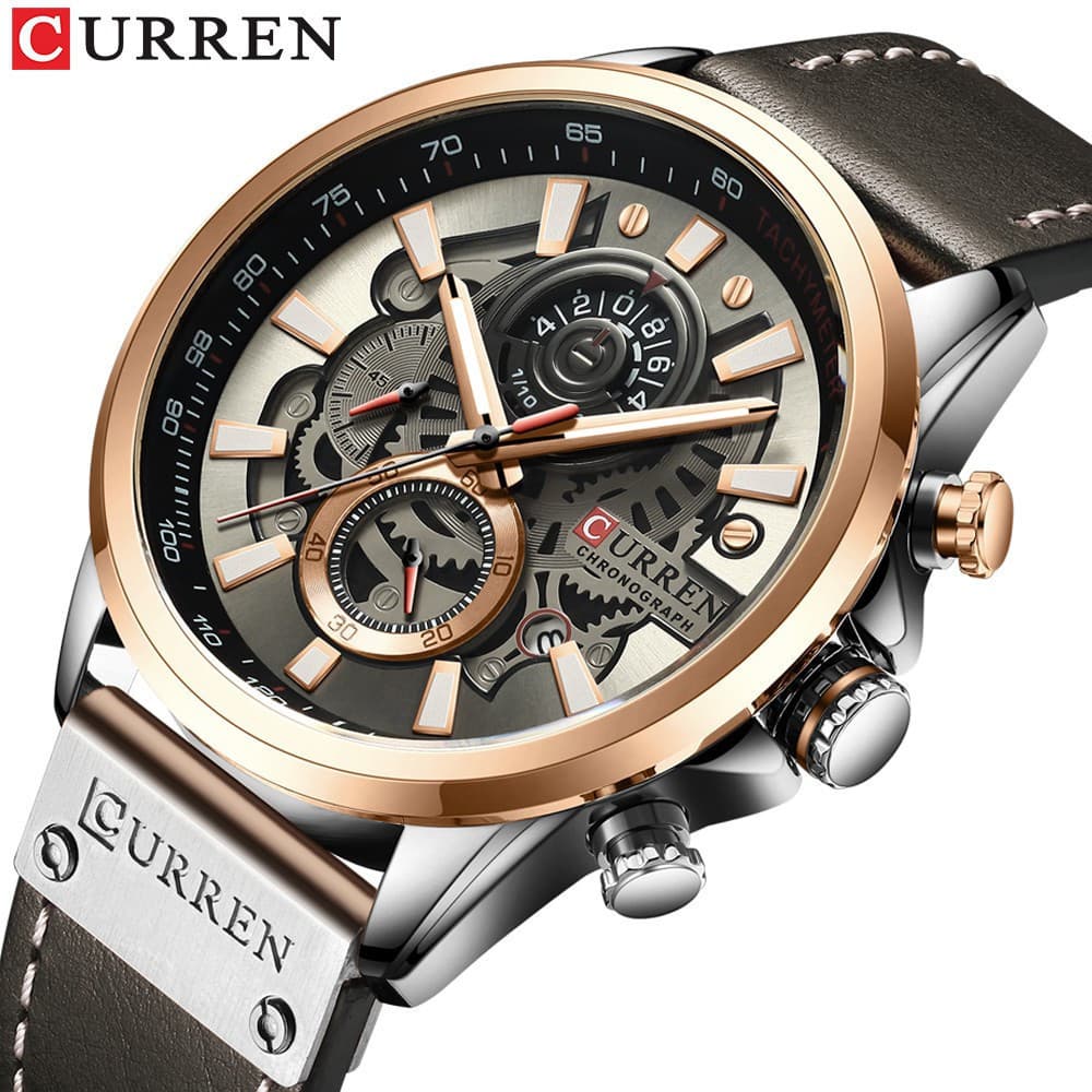 Relógio Multifuncional Masculino Curren com Pulseira de Couro e Função Cronógrafo à Prova d'Água 8380 XS RVNP 6LP3