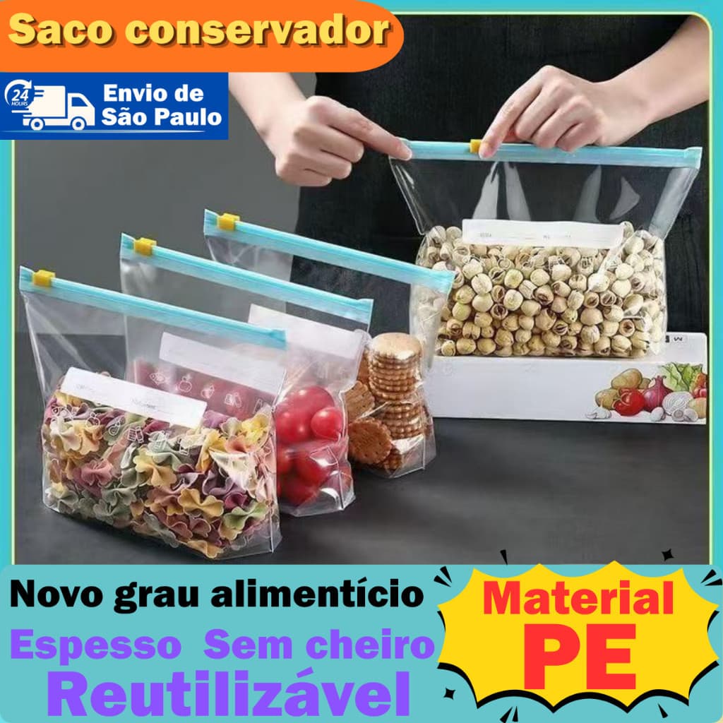 Kit Sacos Herméticos Para Armazenar Alimentos Reutilizável Congelador Zip Lock 3 Tamanhos