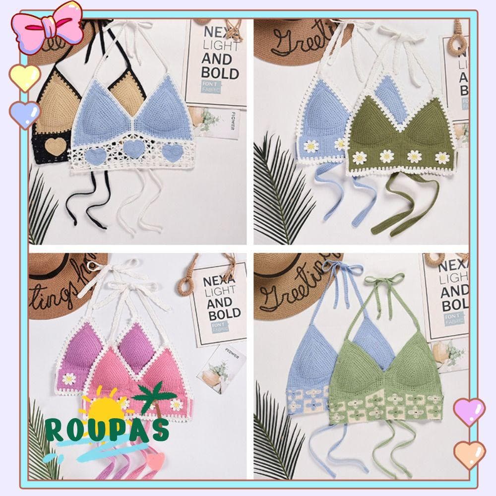 ROUPAS Top De Banho Feminino , Roupa De Praia Estilo Nacional Boêmio , Estilingue De Verão Com Pescoço Pendurado Em Malh