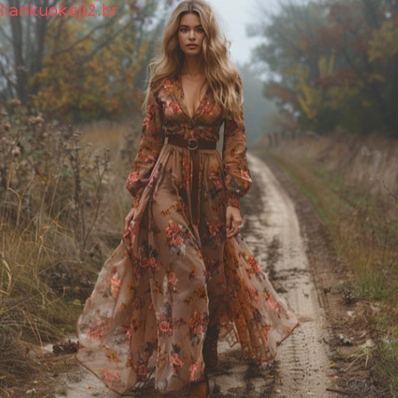 Vestido Primavera Outono Com Decote Em V Estampa Floral Digital Plissado Maxi Evasê Mangas Compridas De