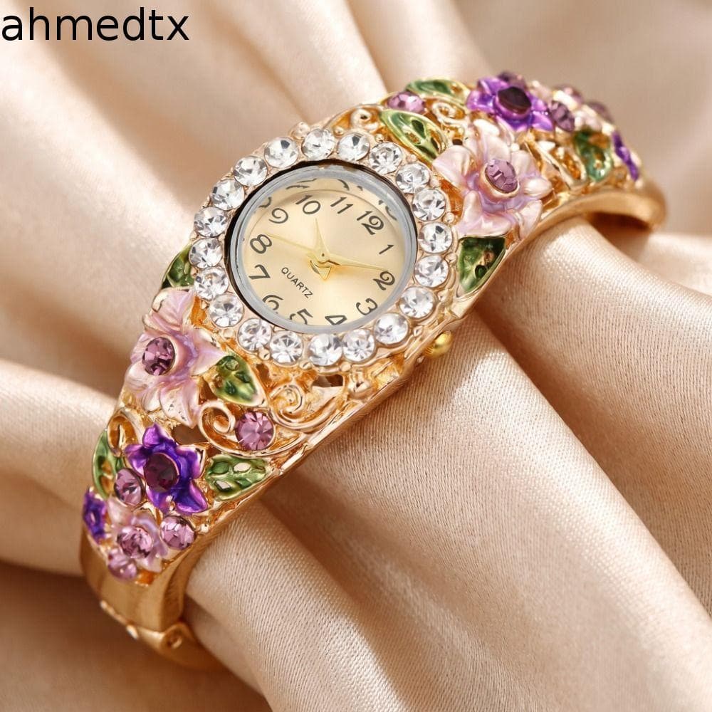 Relógio De Pulso Feminino AHMEDTXB , Mostrador Redondo , Vintage Rico Em Flores Quartzo Com Design Versátil