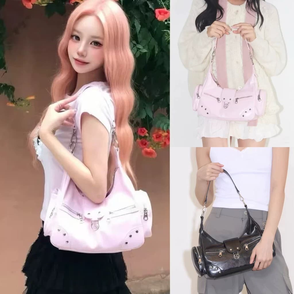 Estoque pronto Coreia iligo 2026 Novo estilo bolsa de rebite brilhante bolsa mensageiro portátil com vários bolsos nas a