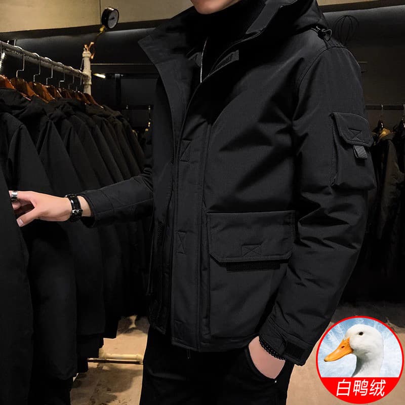 Jaqueta masculina estilo curto 2025 inverno novo estilo na moda ferramentas com capuz bonito preto à prova de frio jaque